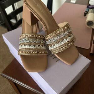 Madden Girl Tan and Gold Embellished Heels